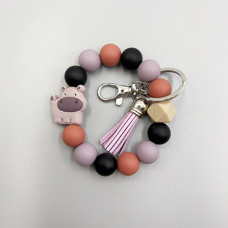 Wholesale Cartoon Small Animal Yak Silicone Beaded Bracelet Short Tassel Keychain